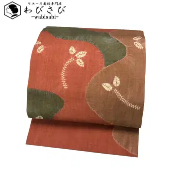 나고야 오비 견직물 조임 무늬 잎 무늬 자작나무색 O-5685