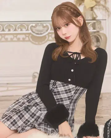 볼레로 set 체크 플리츠 원피스 브라운