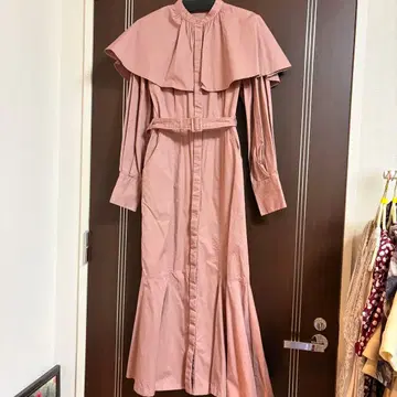 rienda 프릴 옷깃 핑크 롱 원피스