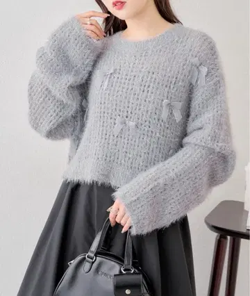 chico 샤기 시어 리본 니트 그레이