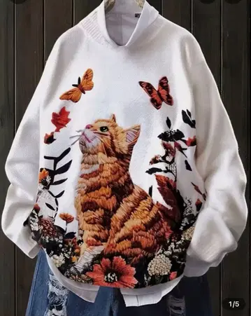 고양이 긴팔 니트 화이트 M 사이즈 고양이 패턴 스웨터