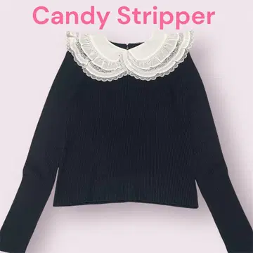 Candy Stripper 프릴 옷깃 긴팔 리브 니트 캐시미어 혼방 블랙