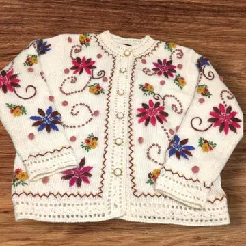 빈티지 자수, 비즈, 골드 버튼, 시스루 니트 가디건