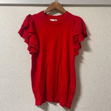 프릴 소매 빨간색 반팔 니트