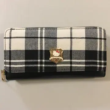 [ 헬로키티 ] 엠블럼 타탄 체크 라운드 지퍼 장지갑 블랙