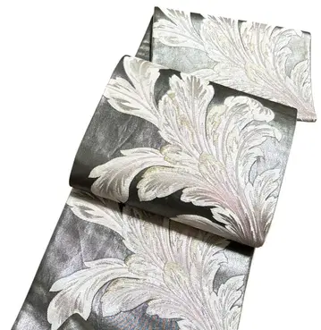 A 155 후쿠로 오비 육통 무늬 은사 잎 기모노 새상품급