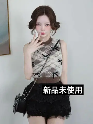 미사용 새상품 다리치 리본 샤기 체크 니트탑 BRW
