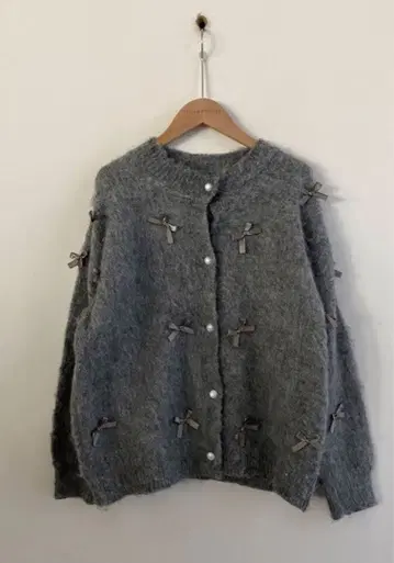 리본 그레이 니트 가디건