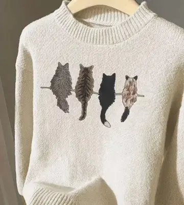 고양이들의 뒷모습이 귀여운 화이트 니트 스웨터 긴팔 가슴둘레 102