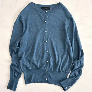 다마 컬렉션 실크 100% 크루넥 가디건 파랑 펄 버튼 실크