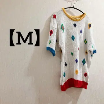 [ M ] 컬러풀 다이아몬드 무늬 반팔 니트 리브 크루넥 가을/겨울