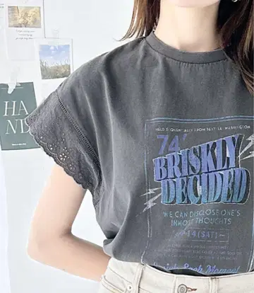 새상품급 Java 반팔 레이스가 멋지고 귀여운 T셔츠 그레이 / M