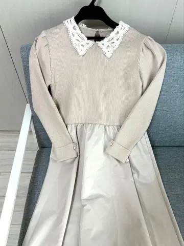 le reve vaniller 레이스 옷깃 니트 도킹 타프타 원피스