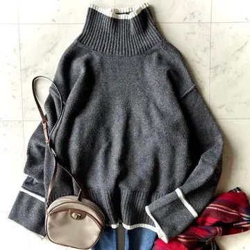 새상품급 어뉴앙스 캐시미어 혼방 하이넥 바이컬러 니트 풀오버 세탁 가능