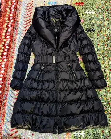 블랙 볼륨 옷깃 셔링 롱 다운 코트