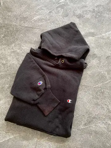 90s USA XL 블랙 Champion 리버스 위브 후드티 페이드