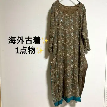 [ 해외 구제 의류 1점 ] 브라운 자수 긴팔 원피스 슬릿