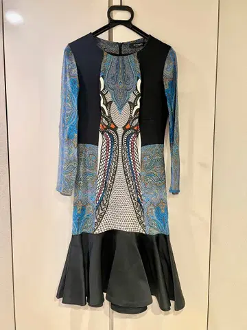 페이즐리 무늬 긴팔 무릎 기장 원피스