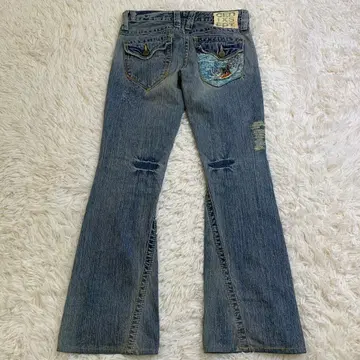 00s y2k 플레어 데님 화이트 스티치 헤이세이 갸루 그런지 자수