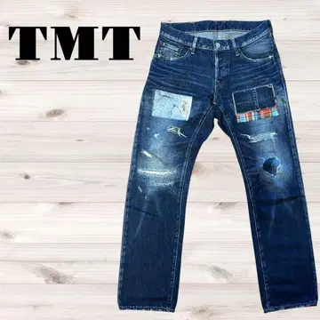 TMT 패치워크 데님 청바지 스트레이트 청바지 체크 구제 의류