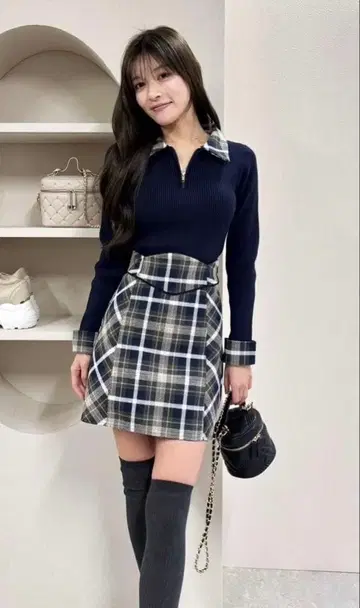 립서비스 체크 컬러 리브 니트