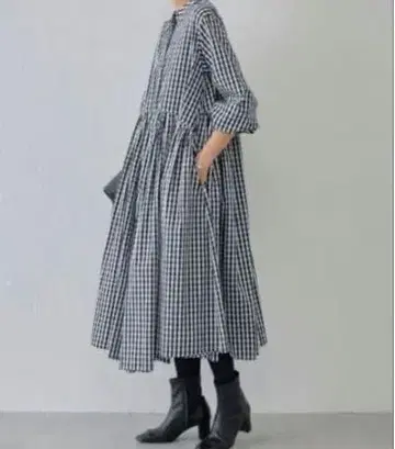 비어즐리 선염 개더 원피스 워셔블 깅엄 체크 사이즈 1