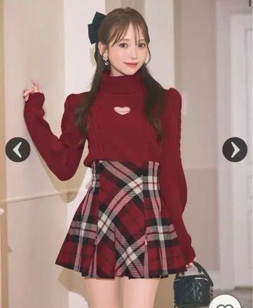 미셸 마카롱 플레어 체크 스커트 레드 FREE SIZE