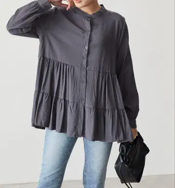 에크릴 그레이 긴팔 블라우스 M 긴팔 무지 개더 캐주얼 루즈핏