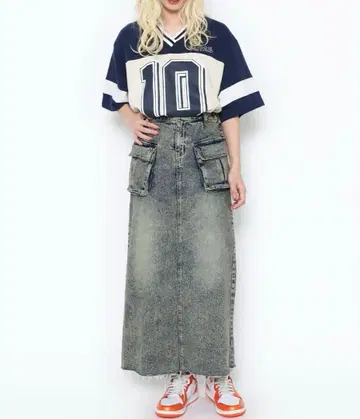 PUNYUS 디자인 데님 카고 롱 스커트