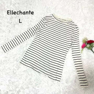 엘르샹테 [ L ] 스트라이프 패턴 긴팔 리브 니트 넥 레이스 포함 슬림