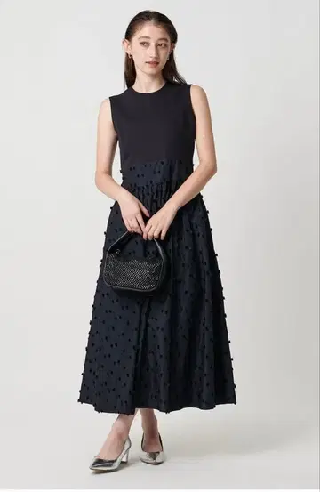 리본 컷 자카드 콤비 원피스 네이비