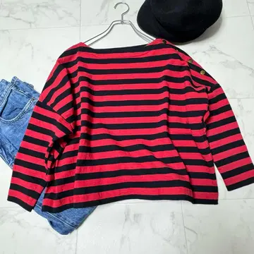 트래디셔널 웨더 보더 티셔츠 두꺼운 소재 바스크 골드 버튼 빨강 검정