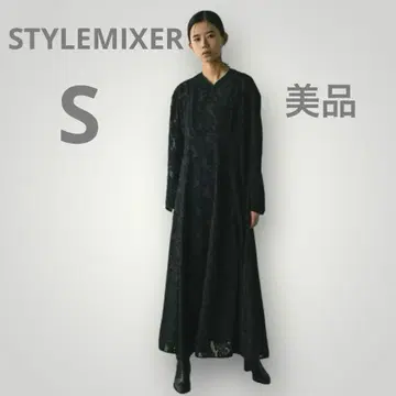 새상품급 STYLEMIXER 패널 플레어 자카드 V넥 롱 원피스 블랙