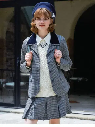 핀트 벨벳 사용 체크 자켓 스커트 셋업