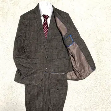 빅 사이즈 브라운 체크 캐주얼 수트 3피스