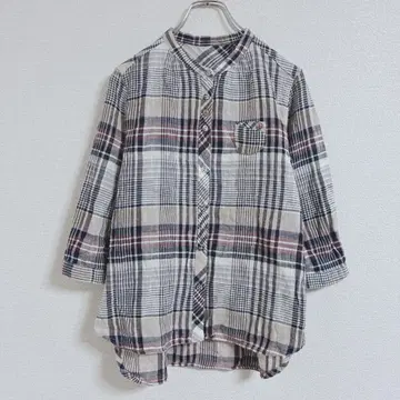 셔츠 겉옷 밴드 카라 체크 7부 소매 면 코튼 100 L