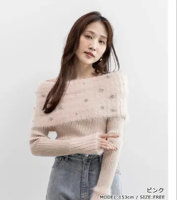 RANDA 비쥬 샤기 오프숄더 니트