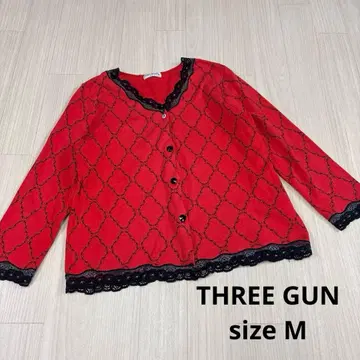 THREE GUN 레이스 포함 레드 가디건 M 레트로 올드 올 패턴