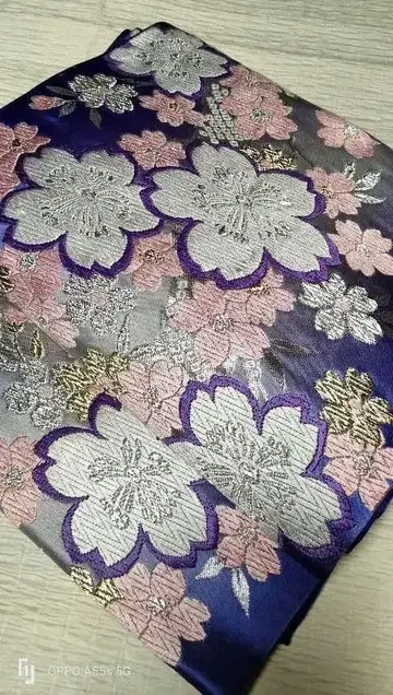 전체 자수, 금은실 벚꽃 자수, 파랑 보라색, 후쿠로 오비