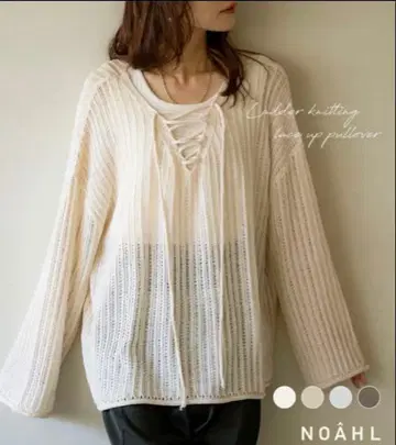 미사용 새상품 사다리 편직 레이스업 메쉬 니트