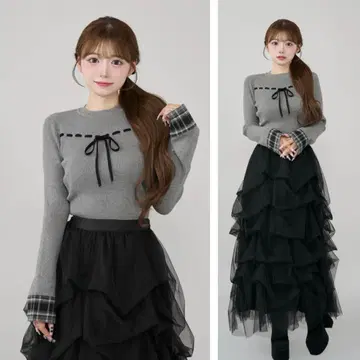 새상품 미개봉 Darich 체크 커프스 리본 니트탑 GRY