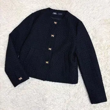 자라 리본 골드 버튼 노카라 트위드 자켓 블랙 M