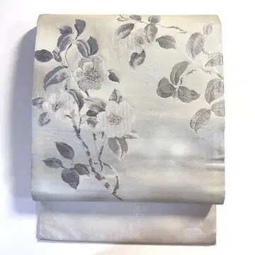 5k2984 나고야 오비 실크 은색 화이트 꽃무늬 일본 의류 기모노