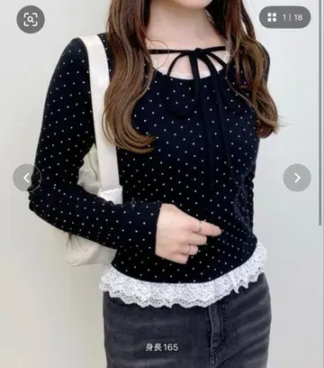 Web 한정판 INGNI 레이스 장식 리본 달린 도트 리브 상의