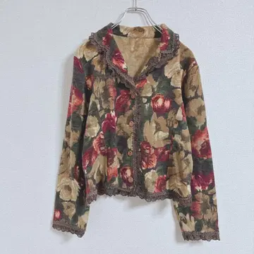 가디건 자켓 꽃무늬 올 패턴 겉옷 울 혼방 오픈 카라 레트로 긴팔