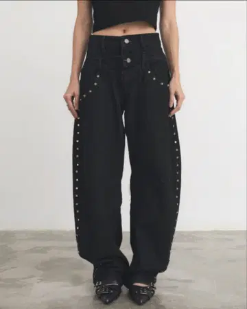 catha 리벳 더블 허리 청바지 스터드 데님 블랙