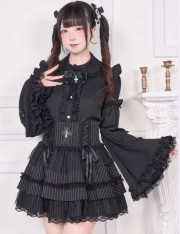 nogenki 히메소데 리본 레이스업 블라우스 블랙