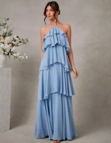 블루 프릴 드레스 오픈 백