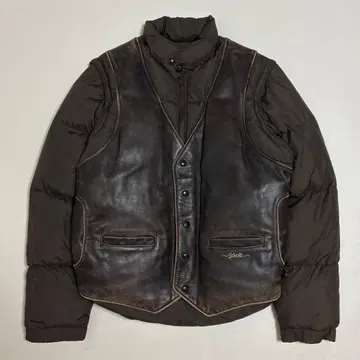 Schott 2way 다운 자켓 베스트 가죽 절개 브라운