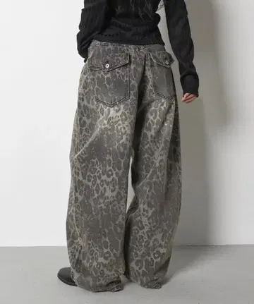 FOLLOWIN 빈티지 워싱 레오파드 와이드 팬츠